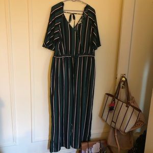 Plus Size Green Stripe Wide Leg Jumpsuit